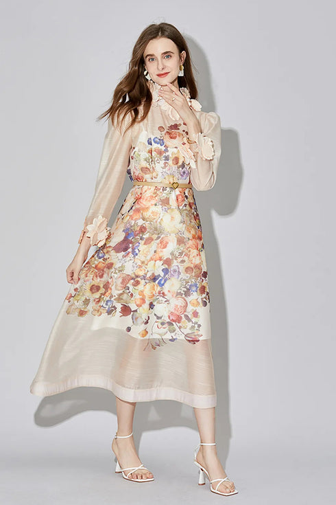 Divine Beauty Runway Fashion Silk Floral Print, Exquisite Lace Neck, Long Sleeve, A-Line Party, Prom, Wedding Guest Renaissance Dress (Apricot)